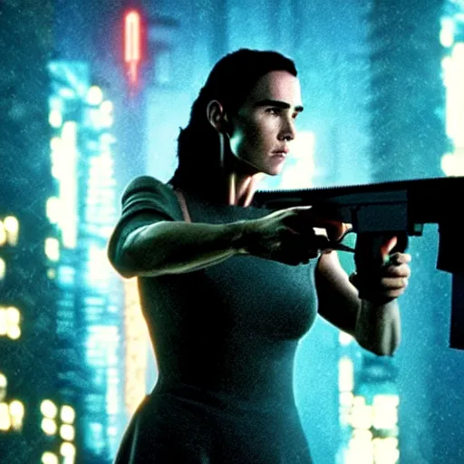 Prompt: jennifer connelly starring in a cyberpunk movie in a distopic futuristic city in the style of bladerunner, firing a gun, muzzle flash, movie still, highly detailed, rainy night, volumetric lights, dramatic, scifi, sharp focus