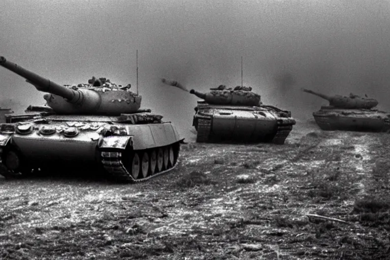 Image similar to flash photograph of russian tanks, accompany by soviet infantry squad, 1985, creepy, haunted, fog, atmospheric, vintage photo