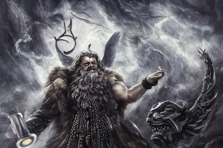 Image similar to mythological Odin all father god of thunder and artificial intelligence creating an artificial neural network with synapses on an anvil in the ethereal city of valhalla, high resolution, award winning art, trending on art station, sharp image, incredibly detailed, odin all father detailed character, realistic painting