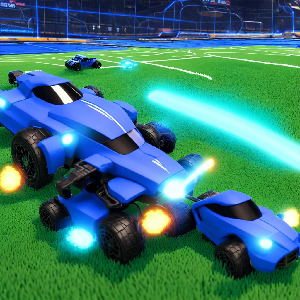 Prompt: rocket league, one octane, parked, side profile, 4 k render, cinema 4 d, hyper realistic, light blue lighting