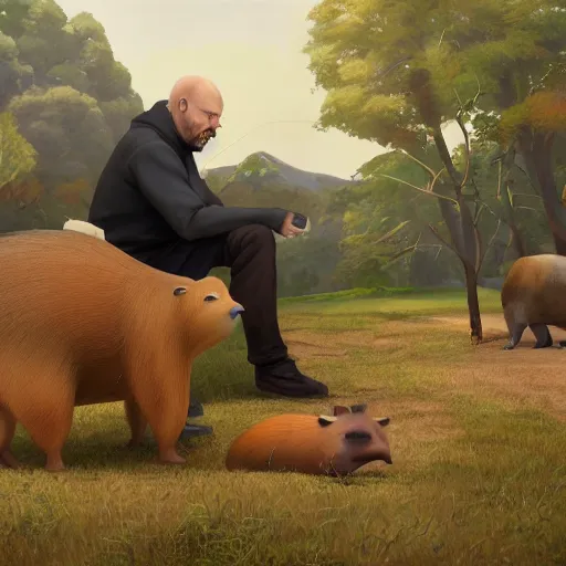 Image similar to an epic painting of vladimir lenin petting capybara, oil on canvas, perfect composition, golden ratio, beautiful detailed, photorealistic, digital painting, concept art, smooth, sharp focus, illustration, artstation trending, octane render, unreal engine, anime style, ghibli studio