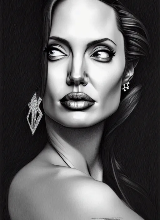 Prompt: a pencil drawing portrait of angelina jolie, in a dress, jewelry, greek, intricate, headshot, highly detailed, drawn with pencil, black and white, artstation, concept art, sharp focus, cinematic lighting, illustration, art by artgerm and greg rutkowski, alphonse mucha, cgsociety