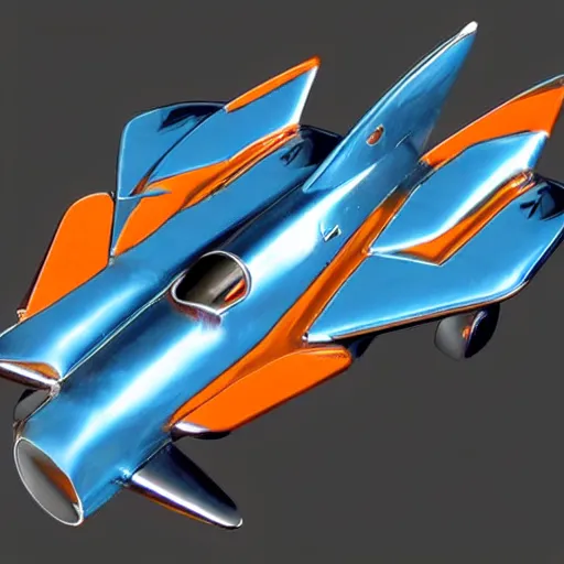 Prompt: Chrome fighter jet, blue and orange chrome, shiny, desert chrome, 19801980s airbrushed chrome