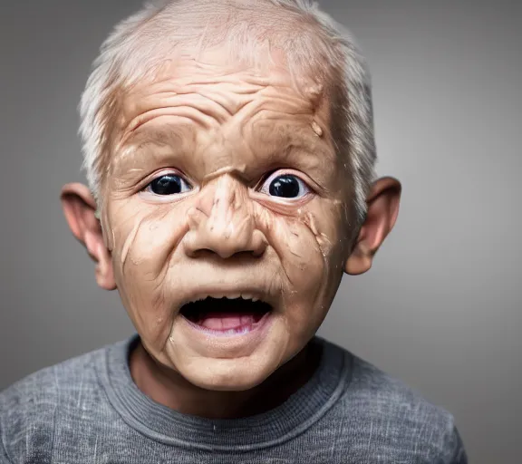 Prompt: a 4 year old boy with old wrinkly skin, wrinkly forehead, looking old, old skin, old gray hair, young kid, 4 years old, very young, portrait photo, head shot, concept art, highly detailed