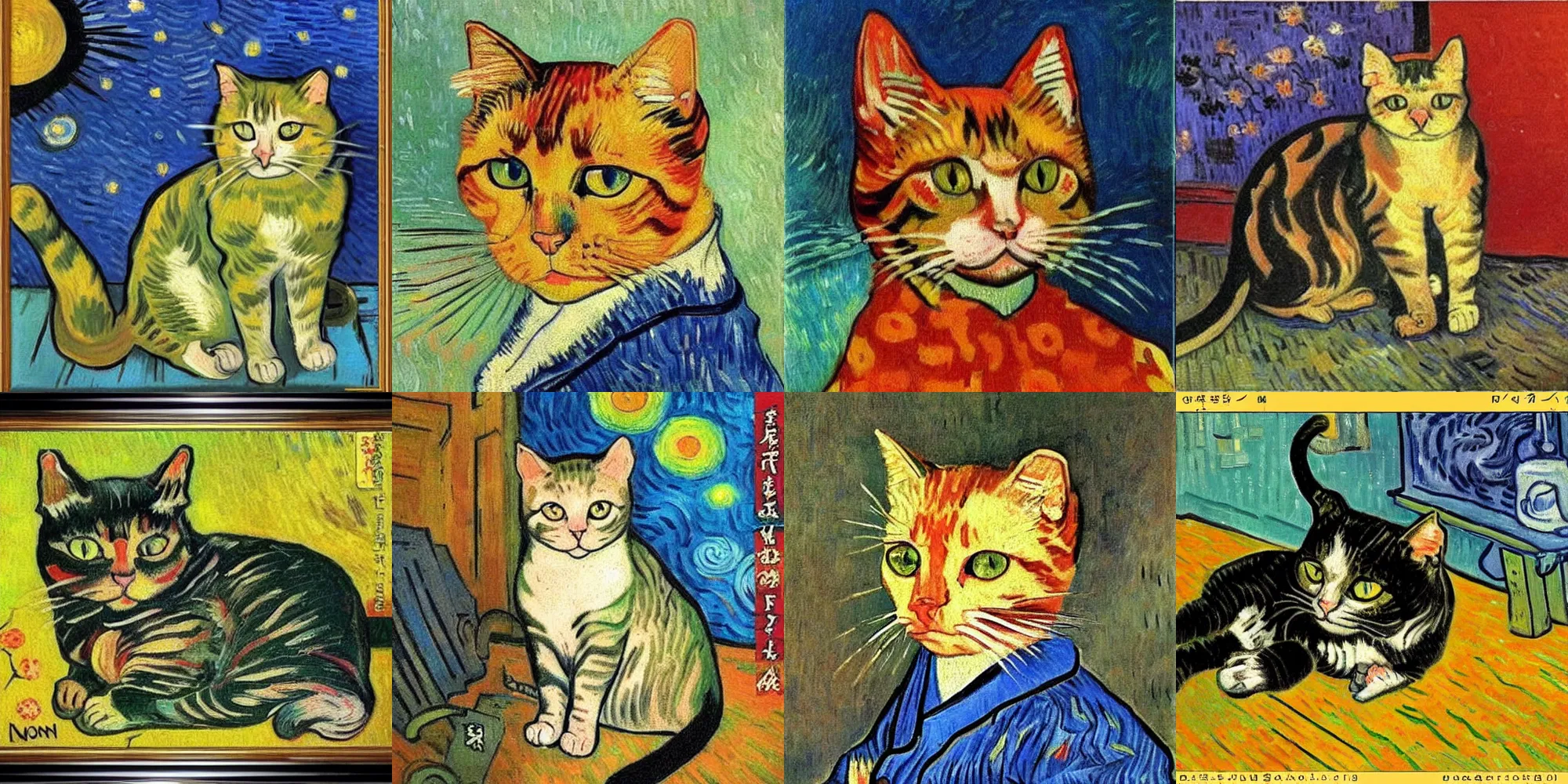 Prompt: mon mon cat by van gogh, oil panting on canvas, tattoo cat, japanese cat, japanese culture