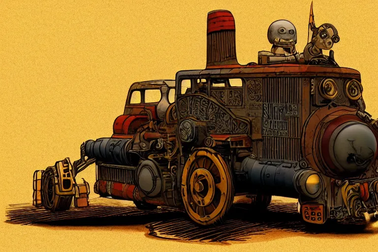 Image similar to hellfire thomas the tank, mad max, in the style of hannes bok and doug chiang and vernon grant, trending on artstation, back lighting rear view steampunk, blueprint, muted colors, gothic, tachisme