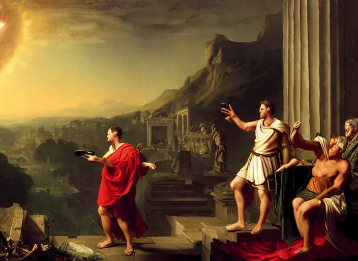 Prompt: julius caesar taking a selfie with an iphone as rome burns behind him by thomas cole and wlop