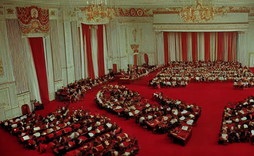 Image similar to 60s movie still of a CCCP congress in a stalinist style palace, by Irving Penn , cinestill 800t 35mm eastmancolor, heavy grainy picture, very detailed, high quality, 4k, HD criterion, precise texture