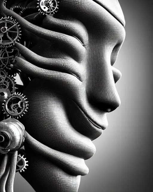 Image similar to mythical black and white organic bio-mechanical spinal ribbed profile face portrait detail of silver mechanical beautiful female angelic-vegetal-cyborg, highly detailed, intricate steampunk ornate, poetic, 3D render, digital art, octane render, 8K artistic photography, photo-realistic, by Dora Maar