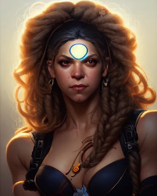 Image similar to shakira as widow from overwatch, portrait, close up, concept art, intricate details, highly detailed by greg rutkowski, michael whelan and gustave dore