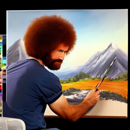 Image similar to a closeup photorealistic photograph of bob ross working on a canvas painting of spiderman. film still. brightly lit scene. mountains and trees. this 4 k hd image is trending on artstation, featured on behance, well - rendered, extra crisp, features intricate detail, epic composition and the style of unreal engine.