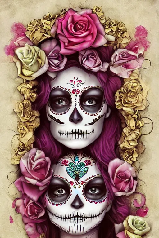 Prompt: illustration of a sugar skull day of the dead girl, art by natalie shau