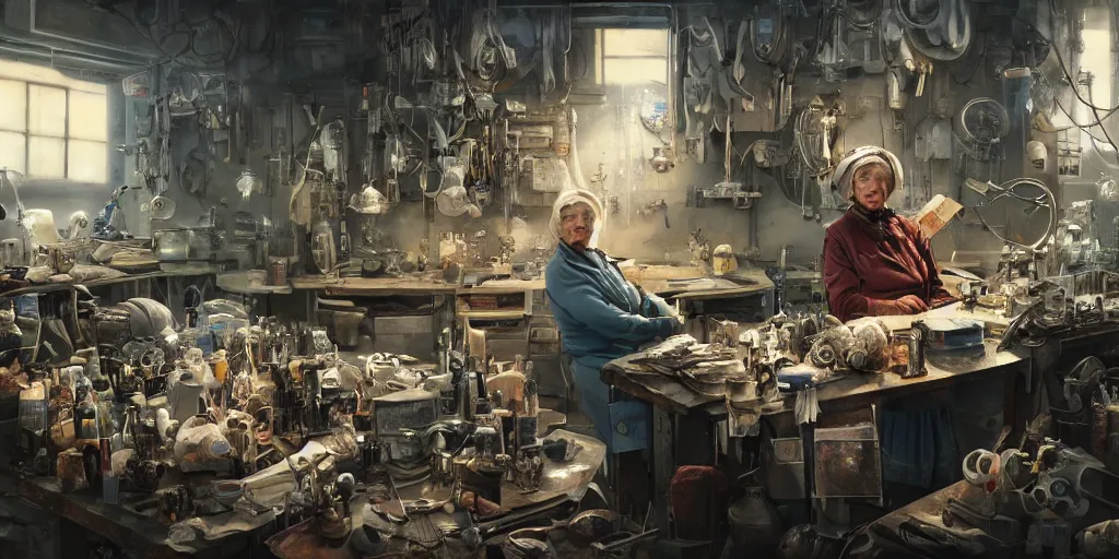 Image similar to an environmental concept art of an elderly russian woman cyberneticist in a cluttered workshop, surgical implements, surgery table, highly detailed, cinematic, dramatic, cyberpunk, dieselpunk, scifi space station, horror, bladerunner 2 0 4 9