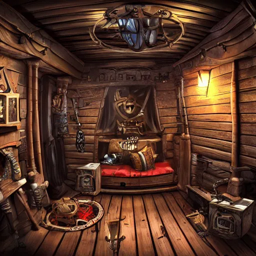 Prompt: interier view of award - winning pirate themed escape room set on the deck on pirate ship from 1 7 2 0. steampunk and magical colors. trending on artstation, realistic.