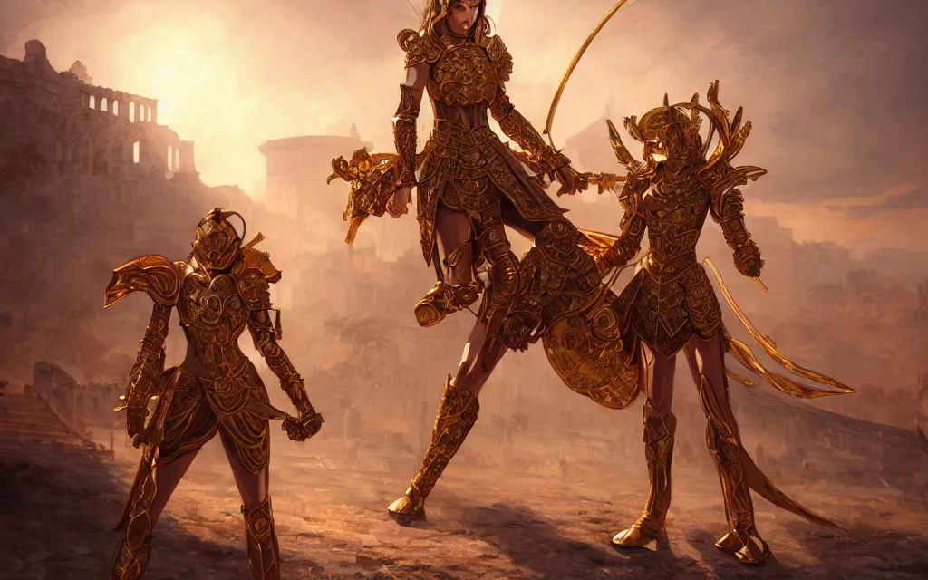 Image similar to knights of zodiac girl, golden and copper armor, armor knight fighting cinematic shot, in ruined agora of athens sunrise, ssci - fi and fantasy, intricate and very very beautiful and elegant, highly detailed, digital painting, artstation, concept art, smooth and sharp focus, illustration, art by tian zi and wlop and alphonse mucha