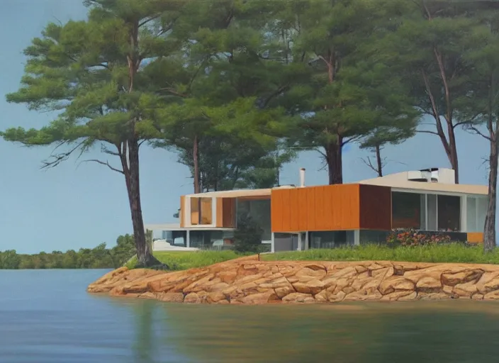 Prompt: a 1 9 7 0 s modern lake retreat in new england, oil on canvas by robert bechtle, 1 9 7 0 s