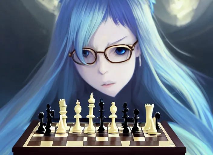 Image similar to rimuru playing chess, with gold eyes, sky blue straight hair, bangs, wearing a black jacket, high collar, concept art, award winning photography, digital painting, cinematic, by wlop, anime key visual, wlop, pixiv, 8 k, by ross tran, tom bagshaw, ilya kuvshinov,