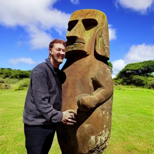 Image similar to a man hugging a giant moai statue