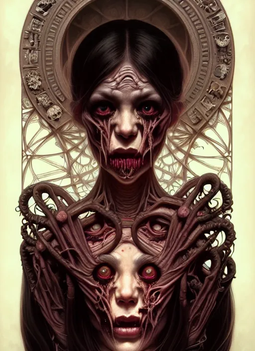 Image similar to symmetry!! portrait of grotesque and gruesome female, cosmic horror, lovecraftian horror, intricate, horror!! highly detailed, digital painting, artstation, giger concept art, smooth, sharp focus, illustration, art by artgerm and greg rutkowski and alphonse mucha and junji ito, 8 k