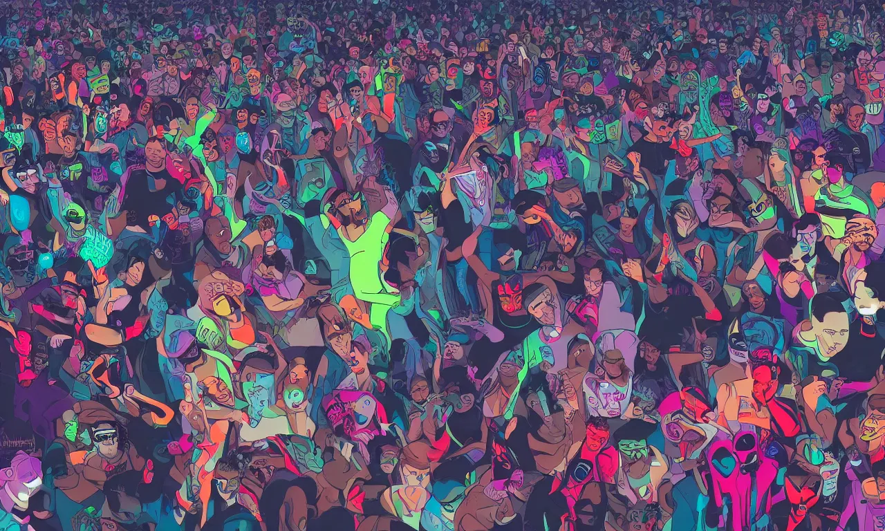 Prompt: 2 djs playing music in pov image from front of a crowd , art in the style of arcane, spiderverse, highly detailed, trending on artstationhq, cinematic, color palette: spike jonze her