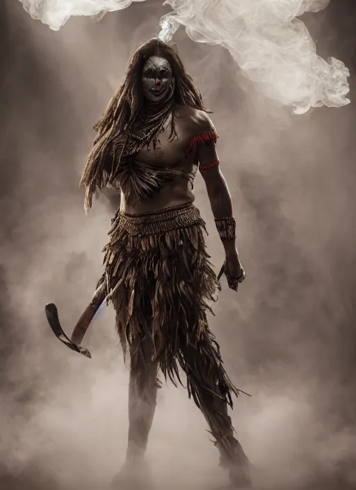 Image similar to a Photorealistic dramatic hyper realistic render of a glamorous Maya warrior smoke by Ken Brower and Deborah Ory, Lois Greenfield, Beautiful dynamic dramatic dark moody lighting, volumetric, shadows, cinematic atmosphere, Octane render,8K