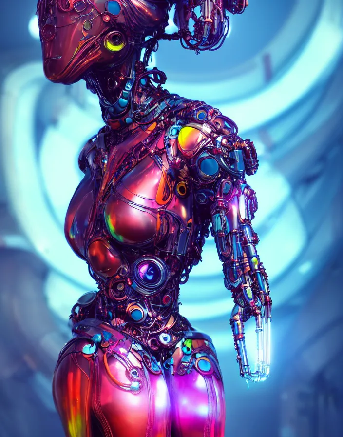 Image similar to full lenght shot, super hero pose, woman in biomechanical dress, inflateble shapes, wearing epic bionic cyborg implants of different colors, masterpiece, intricate, biopunk futuristic wardrobe, highly detailed, artstation, concept art, background galaxy, cyberpunk, octane render