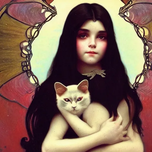 Prompt: baby - face goth girl with long dark hair parted sideways thick eyebrows and dark eyes, she is holding a cat in her arms, by juan villafuerte, greg rutkowski and alphonse mucha, pexels contest winner, high quality photo, rtx, hd