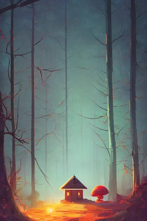 Prompt: the small elevated house in the forest, dark night, leaves in the air, mushrooms, animals, gibli, james gilleard, atey ghailan, lois van baarle, jesper ejsing, pop art patterns, exquisite lighting, clear focus, very coherent, plain background, very detailed, vibrant, digital painting