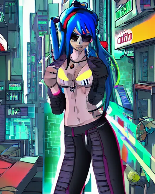 Image similar to cel shaded art of a pretty blue haired girl, jet grind radio graphics, cyberpunk city street background