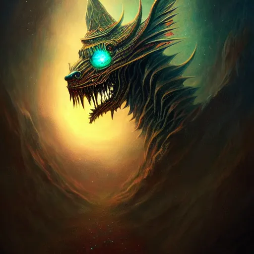 Prompt: : fantasy magic,, intricate, sharp focus, illustration, highly detailed, digital painting, concept art, matte, jahbu art, skinwalker, horror, scary, cosmic, cosmos