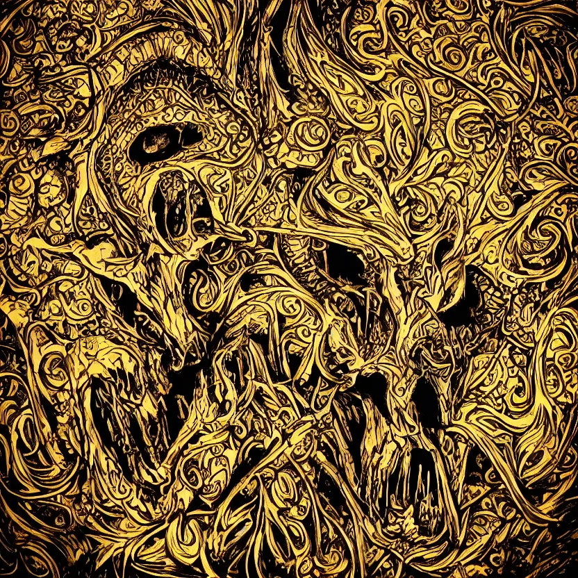 Image similar to photo of wolf skull on bones, dramatic lighting, circural, golden ornaments, symmetric, intricate skeletal decorations, symmetry, highly detailed, concept art, black, glimpse of red, white, gold layers, centered, style of nekroxiii, hyperrealistic, black background, smoke