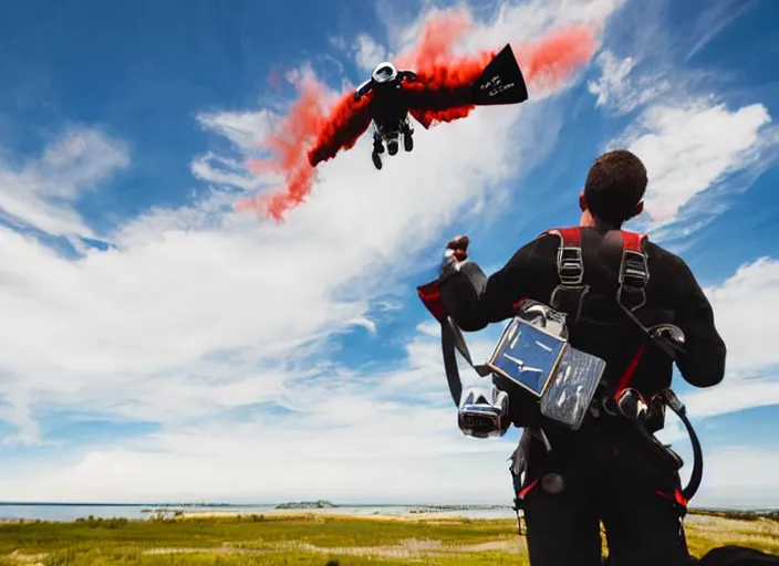 Prompt: man with a jetpack flying over red lobster restaurant with blue sky and clouds