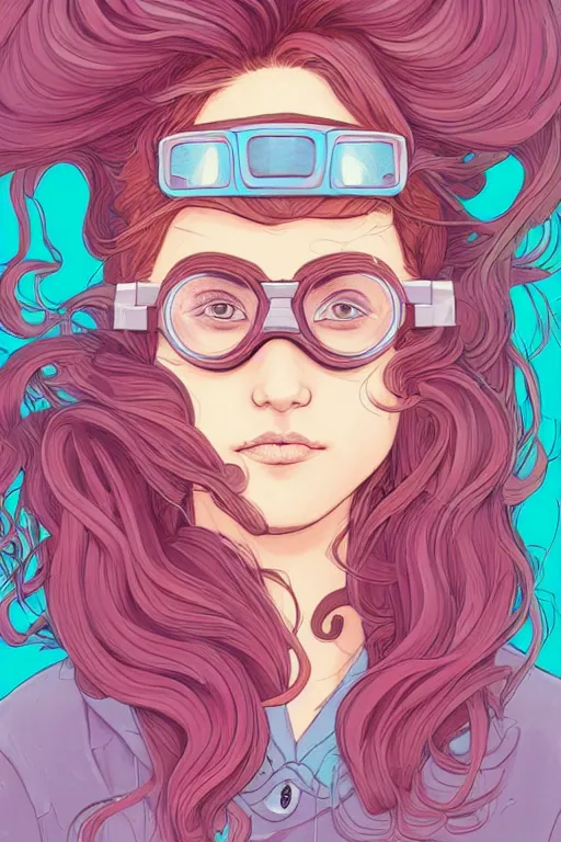 Prompt: portrait painting of a teenage girl with swept back wild aquamarine hair, fashionable, windy, goggles, sharp focus, award - winning, trending on artstation, masterpiece, highly detailed, intricate. art by josan gonzales and moebius and deathburger