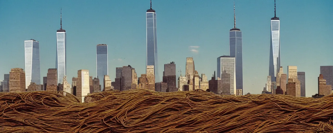 Image similar to spaghetti stand with the world trade center in the distance, growing out of the dirt, kodachrome, in the style of wes anderson, retro