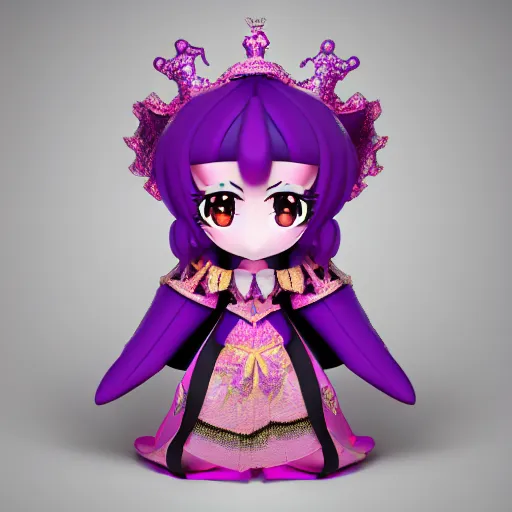 Prompt: cute fumo plush of a elaborately dressed princess in black and purple regalia, crown, outline glow lens flare, vray