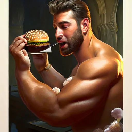 Image similar to portrait of Swol Gigachad Robert Deniro eating hamburgers, extra onions and ketchup, luscious patty with sesame seeds, feminine ethereal, handsome, D&D, fantasy, intricate, elegant, highly detailed, digital painting, artstation, concept art, matte, sharp focus, illustration, art by Artgerm and Greg Rutkowski and Alphonse Mucha