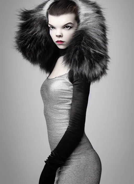 Image similar to full body environmental portrait photo of dressed catgirl anya taylor - joy, cat ears, fur, glamour shot by gemmy woud - binnendijk, chris knight, photorealistic, canon r 3, high fashion photography, elegant, luxury and elite, symmetry, octane render, unreal engine, solid dark grey background, dramatic lights