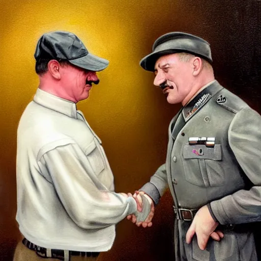 Prompt: hyperrealistic mixed media high resolution painting of James Franco disguised as Adolf Hitler shaking hands with John Goodman, stunning 3d render inspired art by István Sándorfi and Greg Rutkowski and Unreal Engine, perfect facial symmetry, dim volumetric lighting, 8k octane beautifully detailed render, full body shot, post-processing, extremely hyper-detailed, intricate, epic composition, highly detailed attributes, highly detailed atmosphere, cinematic lighting, masterpiece, trending on artstation, very very detailed, masterpiece, stunning, flawless structure, lifelike texture, perfection,