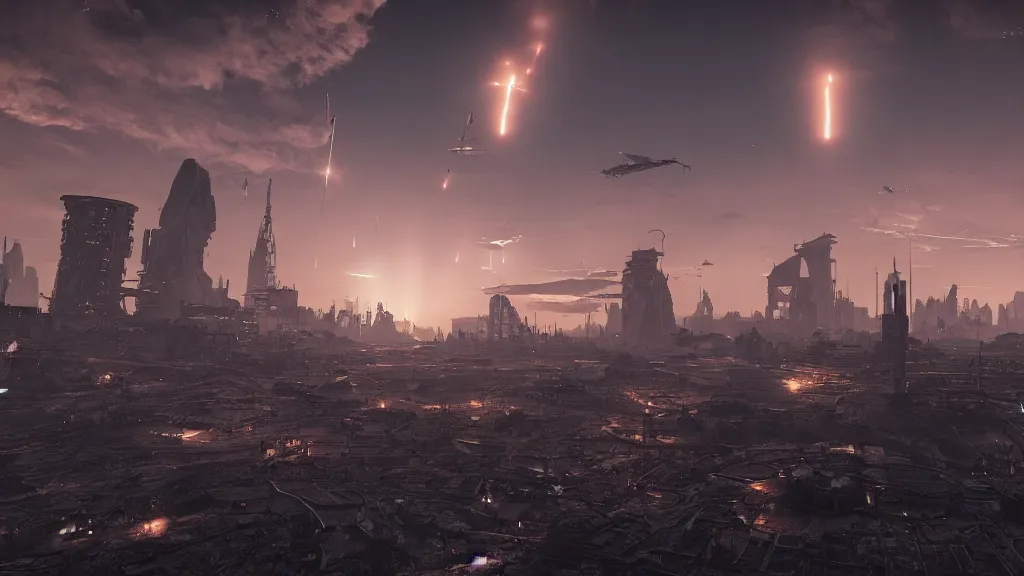 Image similar to a spaceship launching in a nuclear wasteland, ruined city in background, hundreds of rockets flying vertically in the sky, hyperrealistic, Cryengine 8k UHD