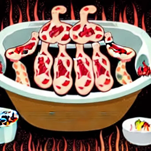 Image similar to a bathtub full of meat surrounded by a hungry family