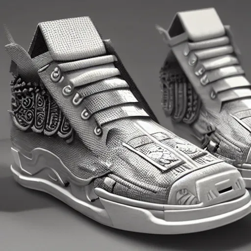 Image similar to extremely detailed realistic digital art render of a ciberpunk mayan sneakers by James Jean y craig mullins product shot view in studio render in unreal engine, ArtStation, CGSociety