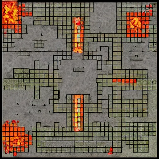 Prompt: D&D battlemap, village on fire, top down square grid