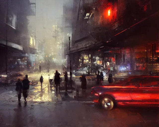 Image similar to detailed street scene, volumetric lighting, painting by jeremy mann