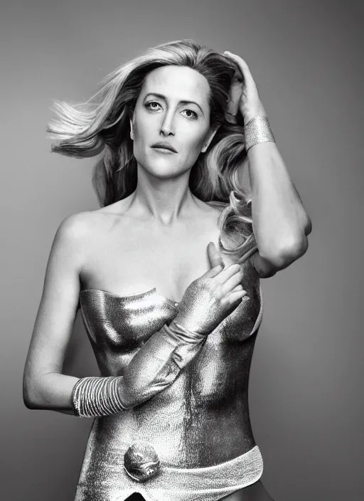 Prompt: full length photo of a gorgeous Gillian Anderson dressed as wonder woman by Mario Testino and stanley lau, detailed, head shot, award winning, Sony a7R, trending on artstation
