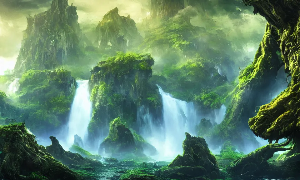 Prompt: an alien landscape view, alien waterfall, alien trees, alien greenery, alien mountains, epic lighting, epic composition, 4 k, detailed, realistic