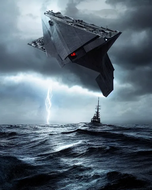 Prompt: scifi action scene of a fishing boat on stormy seas, a very large star destroyer spaceship flying overhead, the very large star destroyer spaceship is emerging from storm clouds, sunset lighting, stormy weather, dramatic lighting, unreal engine, hyper realism, realistic shading, cinematic composition, realistic render, octane render, detailed textures, photorealistic, ultrawide shot, 1 6 mm lens