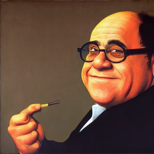 Image similar to Danny Devito as a cab driver by Raphael, Hopper, and Rene Magritte. detailed, romantic, enchanting, trending on artstation.