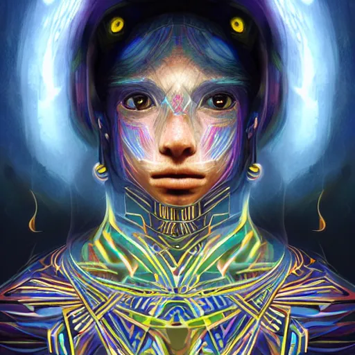 Image similar to portrait of a future metaverse Ayahuasca tech shaman warrior, 2D cartoon, visionary art, symmetric, Magick symbols, holy halo, shipibo patterns, sci-fi, concept art, trending on art station, 8k digital art, by Mandy Jurgens, fantasy portrait art, anime