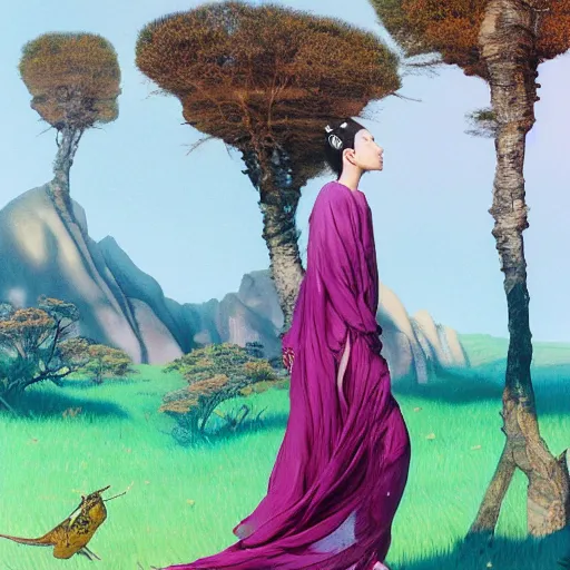 Prompt: beautiful oriental girl walks around Socotra among endemic plants and snags in a long transparent flowing dress and meets mystical animals, mystical insects, mystical birds, lizards, snakes, gorgeous, Atmosphere, hypnotic dimensions, mythology, Rococo, photorealism, in the style of Jin Kagetsu, James Jean and wlop, Valentin Serov style, hyperrealistic, sharp focus, intricate concept art, digital painting, ambient lighting, 4k, hdt, artstation trending on Gsociety, trending on ArtstationHQ, trending on deviantart, professionally post-processed, wide-angle action dynamic portraithyperdetailed, hyper quality, 16K