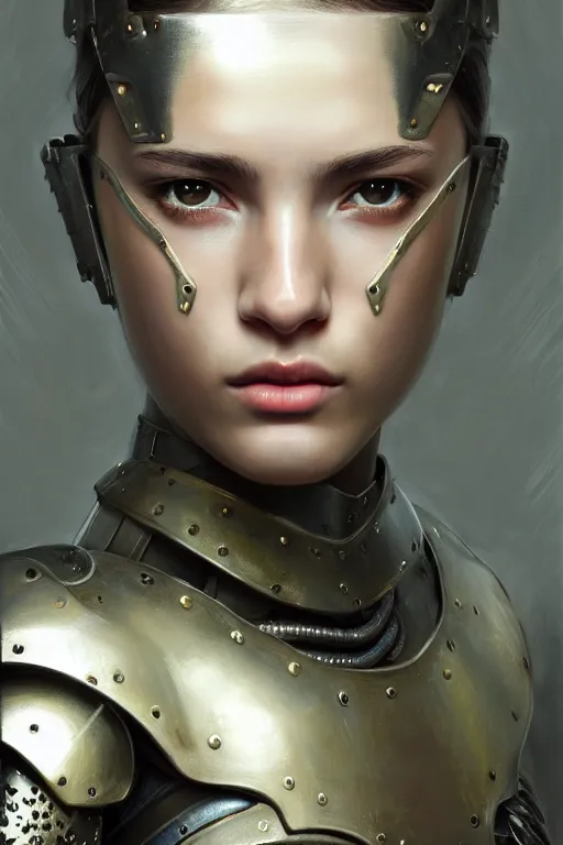 Image similar to a photorealistic painting of an attractive young girl, partially clothed in metal-plated battle armor, olive skin, long dark hair, beautiful bone structure, symmetrical face, perfect eyes, intricate, elegant, digital painting, concept art, illustration, sharp focus, minimal artifacts, from Metal Gear, in the style of Ruan Jia and Mandy Jurgens and Greg Rutkowski, trending on Artstation, award winning